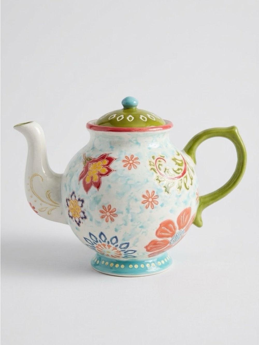 Dutch Wax Hand Painted 6-Cup Teapot Ceramic Colorful Floral Boho Shabby Chic